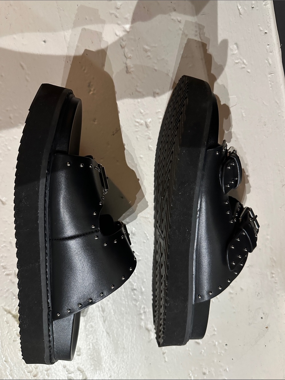 Marc Fisher Black Studded Double-Buckle Leather Slides - Picture 3 of 5